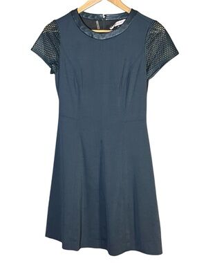 REBECCA TAYLOR  Dress Leather Perforated Sleeve Blue-Grey Fit & Flare Size 2